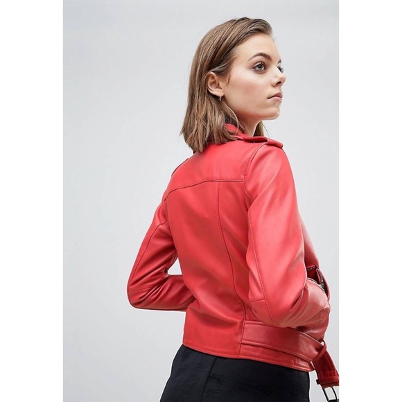 AllSaints Balfern Belted Coral Red Leather Biker Jacket Size 6 - Picture 5 of 16